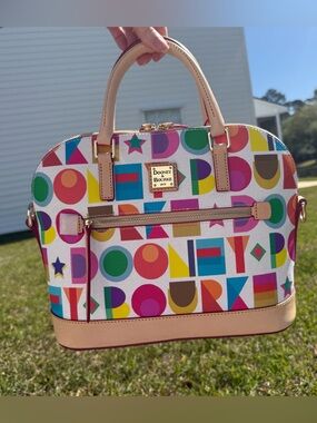 Dooney & Bourke Art Deco Domed Satchel with colorful geometric monogram pattern
